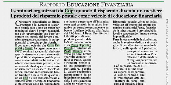 Milano Finanza: Seminario CDP a Tor Vergata su Educazione Finanziaria 